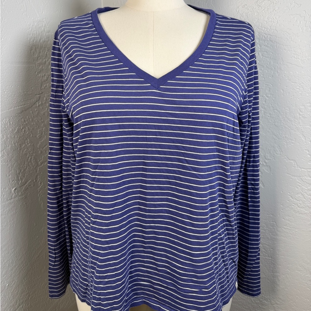 PACT Organic Cotton Blue Stripe V-Neck Long Sleeve Tee Size XXL